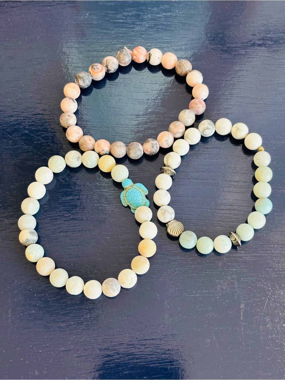 Matte Beaded Stone Bracelet Trio in Peach, Mint & Cream